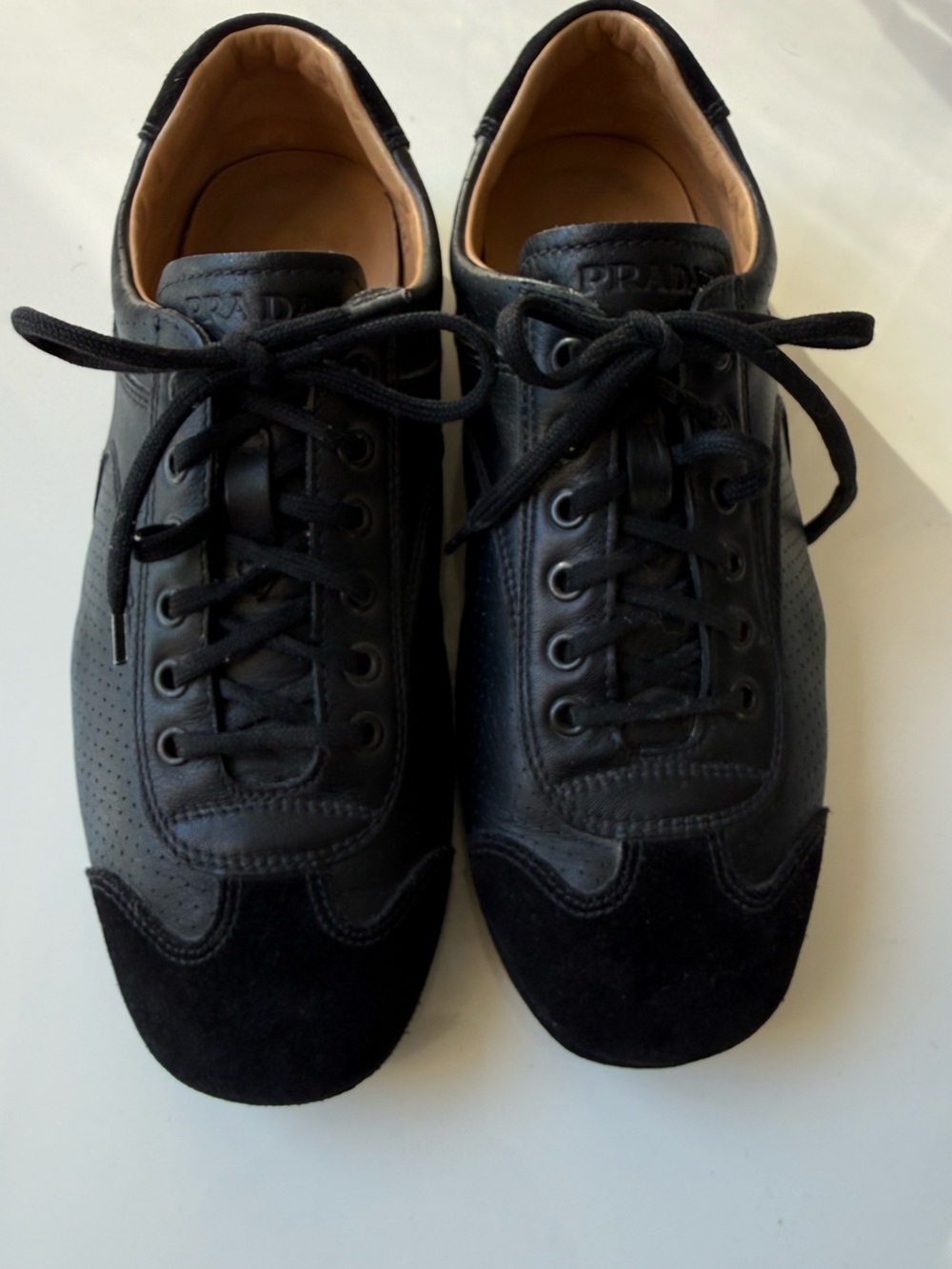 PRADA Men's Black Perforated Leather Suede-Cap Sneakers/Drivers-Italy